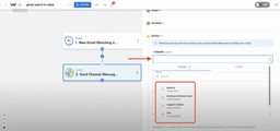 Editor view of Workload platform with a red arrow pointing and the &quot;Channel&quot; field. Click in this box will open a dynamic menu to select a channel.