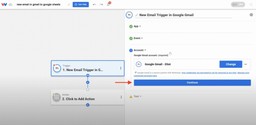 Gmail account connected successfully; user clicks “Continue” to set up the email logging workflow.