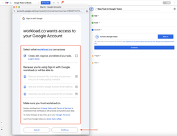 Google permission screen for connecting Google Tasks with Workload to Automatically Log Google Tasks into Google Sheets