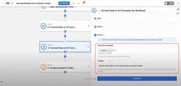 Entering input data and a formatting prompt for AI Formatter in the new spreadsheet row to HubSpot contact automation.