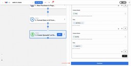 Finishing the field mapping process to log Zettle purchases into your spreadsheet with no code by clicking Continue