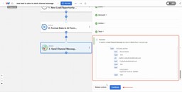 Slack action test shows Success response in Workload with message parts and Continue highlighted.