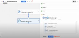 Test the Trello action to create a sample card via Create Trello Cards from Google Tasks.