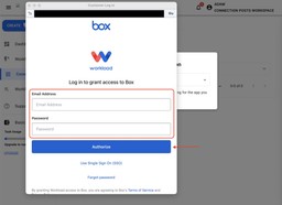 Box login window prompting user to enter email address and password to grant Workload access.
