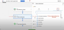 Adding AI Wizard by Workload step to format Slack timestamp data for Google Sheets.