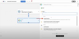 Selecting the “Create Record” action from the Airtable options