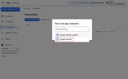 Select Google Calendar from the app connection list in Workload.