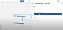 Choosing the “New Spreadsheet Row” trigger event to start the HubSpot Contacts from Google Sheets Rows automation.