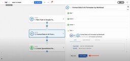 Testing the AI Formatter step using sample Google Tasks to Sheets Rows data