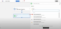 Choosing the 'Create Spreadsheet Row' action for Google Sheets