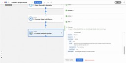 Confirm a successful Google Calendar response showing the event was created from Airtable Records to Sheets automation data.