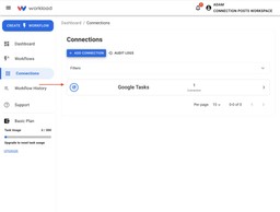 Successful screen showing Connect Google Tasks to Workload active connection.
