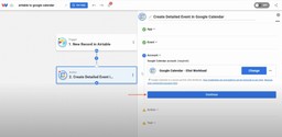 User clicks “Continue” after choosing the connected calendar account for turning Airtable records into Google Calendar Events.