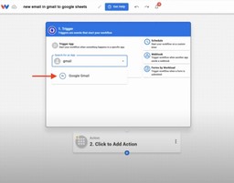 Selecting Google Gmail as the trigger app to log Gmails to Sheets automatically.