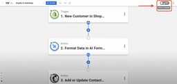 Click the On/Off toggle to activate the Shopify Mailchimp Contact Sync workflow.