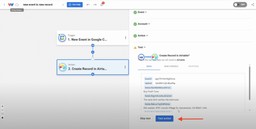 Testing the Airtable action step with event data preview