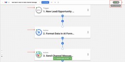 Workload canvas with Odoo trigger, AI Formatter, and Slack action showing green dots and toggle ON to activate the automation.