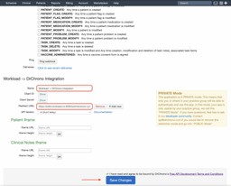 Add app name, paste redirect URI, and save your DrChrono API app settings