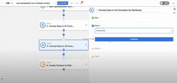Selecting the Format Data event in AI Formatter for the new spreadsheet row to HubSpot contact automation.