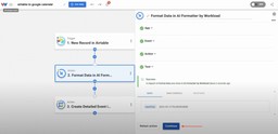 The formatter response shows the new end time, helping turn Airtable records into Google Calendar Events.