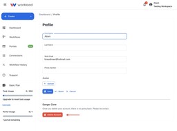 Workload Profile page highlighting the red Delete Account button in the Danger Zone section.
