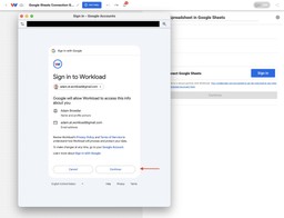 Google authorization page showing account details and the Continue button to confirm sign-in.