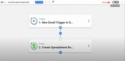 Final step shows the user activating the workflow to log Gmails to Sheets automatically.