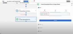 Selecting Google Sheets as the app for the next automation step.