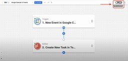 Editor view of Workload platform with red arrow pointing to On/Off toggle in upper right corner. Click the toggle to activate the Google Calendar Todoist Task Sync workflow.