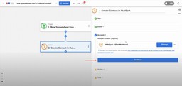 Connecting the HubSpot account in Workload for the new spreadsheet row to hubspot contact automation.