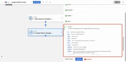 Successfully tested Google Tasks action showing calendar event data converted to task.