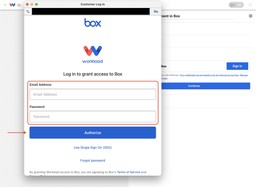 Box login popup inside the Workload builder prompting credentials to Set Up a Box Connection securely.