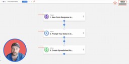 The completed automation in Workload showing all steps active—Google Forms trigger, AI Wizard action, and Google Sheets destination—ready to run automatically.