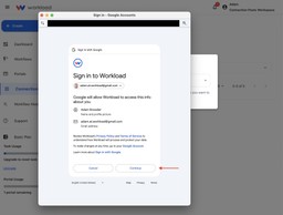 Google authorization window requesting permission to Link a Google Sheets Account to Workload.