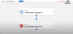Editor view of Workload platform with red arrow pointing to on/off toggle in upper right corner. Click toggle to activate Google Tasks Todoist Sync workflow.