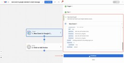 Successful trigger test in Workload showing event data from Google Calendar.