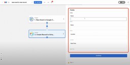 Empty Airtable fields shown for mapping event data: name, notes, location, and date/time