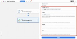 Editor view of the Workload platform with a red box around the fields that can be mapped to customize the Slack Channel message.