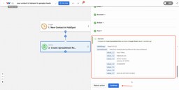 Review the test results and click Continue to finalize the Google Sheets action.
