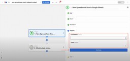 Picking a spreadsheet and worksheet to use in the HubSpot Contacts from Google Sheets Rows automation.