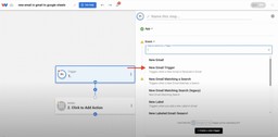 Choosing “New Email Trigger” as the Gmail event to capture incoming messages.