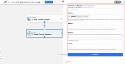 Mapping fields in Workload to Share Google Calendar events in Slack—message text uses summary, location, and start/end times.