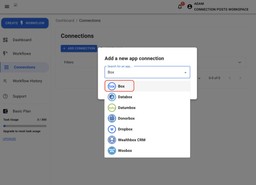 Search bar in Workload Connections menu showing Box selected from the list of available apps to Set Up a Box Connection.