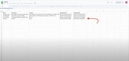 Google Sheet showing synced task data including end time populated from workflow test