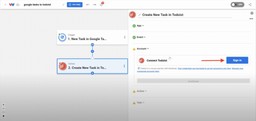 Connecting your Todoist account to authorize the action step in the Workload automation workflow.
