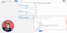 Successful Google Sheets test confirming a new spreadsheet row was created with interpreted feedback.
