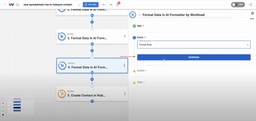Configuring AI Formatter with a format action event inside the new spreadsheet row to HubSpot contact automation.