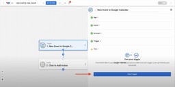 Button to test Google Calendar trigger highlighted at bottom of setup panel