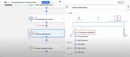 Adding an AI Formatter by Workload step in the automation builder to process data before sending it to HubSpot.