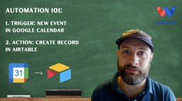 Automation overview slide showing Google Calendar to Airtable setup with presenter